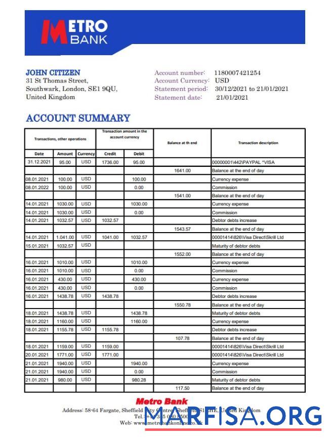 Blank United Kingdom Metro bank statement excel example